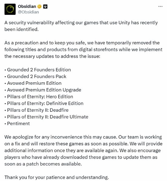 黑曜石多款游戏突遭下架！官方确认并说明下架原因(图2)