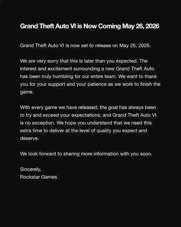 老玩家跳脚！《GTA6》官宣跳票！延期至2026年5月26日发售(图1)